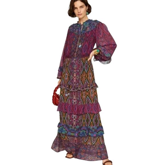 Farm Rio Beaded Tassel Tapestry Maxi Dress - Balloon Sleeves - Multicolor - XS - Picture 1 of 9